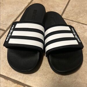 Adidas Black and White Striped Slides